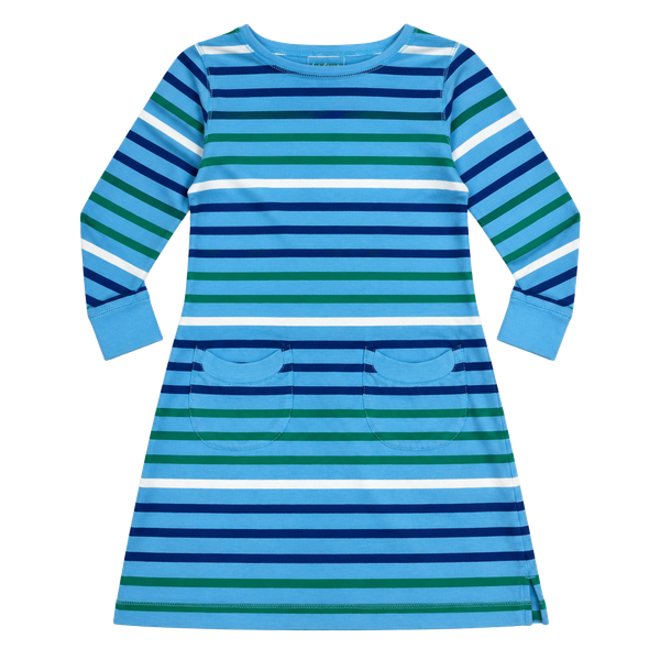 L.L. Bean Striped Dress Size 10 Blue Green Long Sleeve Pocket