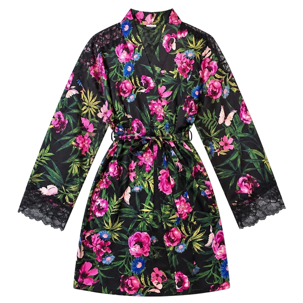 Victoria's Secret Black Tropical Floral Satin Kimono Robe with Lace Trim M/L
