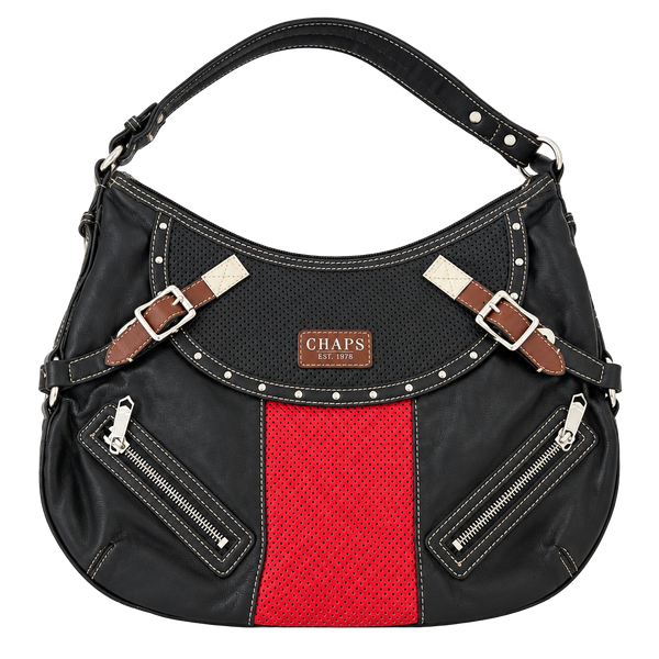 Chaps Black and Red Leather Shoulder Bag with Perforated Panel and Buckles