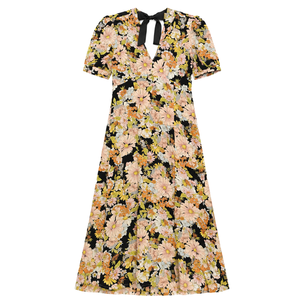 Topshop 70s Floral Midi Dress Size US 6 Black Tie Back