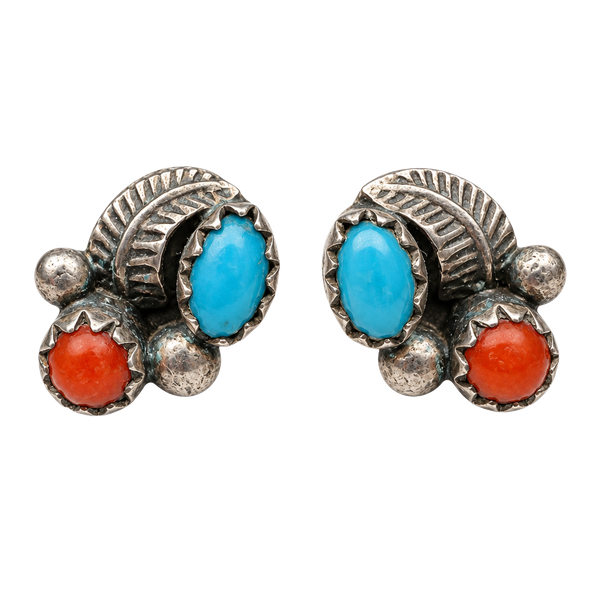 Navajo Sterling Silver Turquoise Coral Leaf Stud Earrings