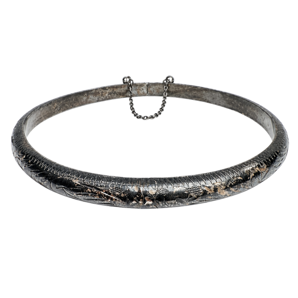 Vintage Sterling Silver 925 Etched flower Hinged Bangle Bracelet w Safety Chain
