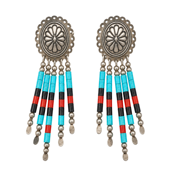 QT Vintage Southwestern Sterling Concho Multi Stone Dangle Earrings