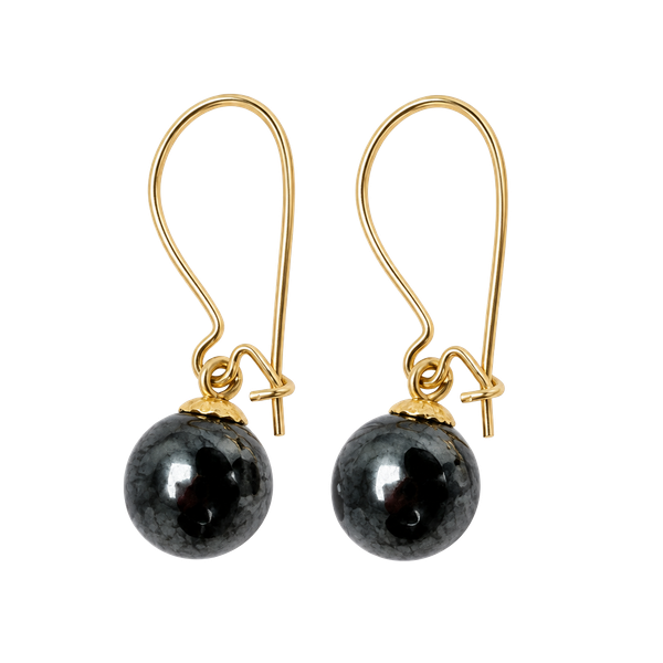 14K Gold Hematite Bead Dangle Earrings 6mm