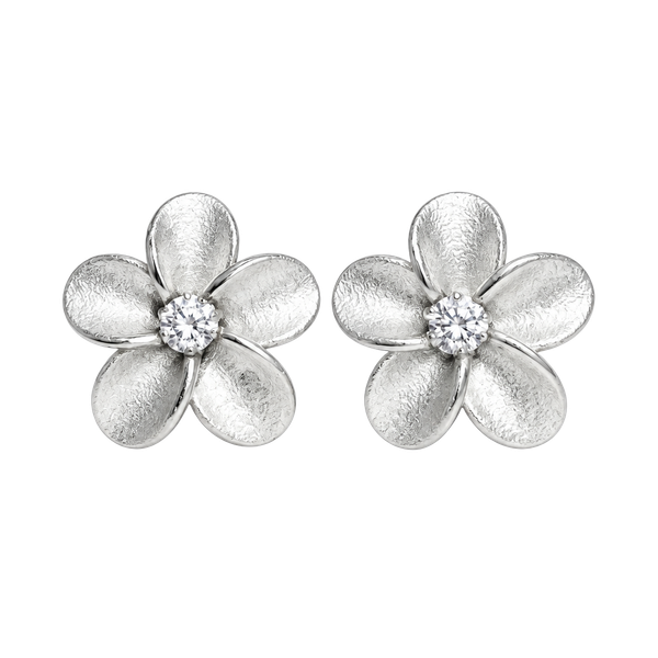 2W 925 Sterling Silver Plumeria Flower CZ Stud Earrings