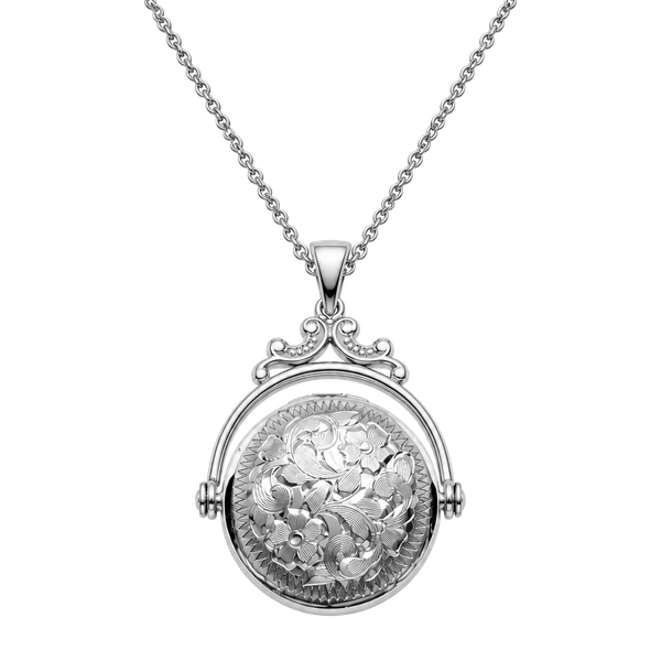 Vintage Victorian Sterling Silver Revolving Locket Necklace Silver Etched