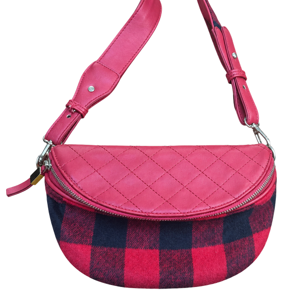 Unbranded Quilted Leather & Buffalo Plaid Crossbody Bum Bag Red Black