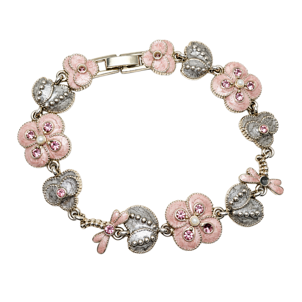 Monet Flower Butterfly Charm Bracelet Pink Enamel Rhinestone Silver Tone