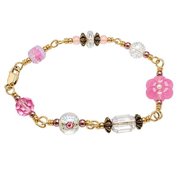 Handmade 14K Gold Filled Multi-Color Crystal Flower Beaded Bracelet 8 Inch