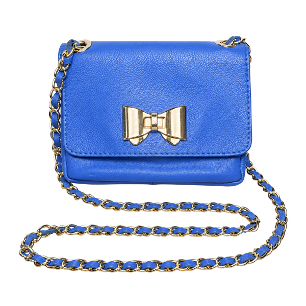 Rare Blue Genuine Leather Made in Italy Blue Crossbody Bag Bow Clasp Chain Strap