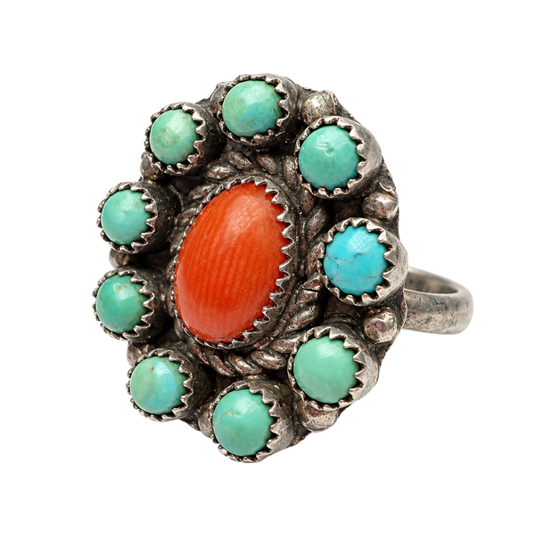 Vintage Sterling Silver Turquoise and Coral Cluster Ring