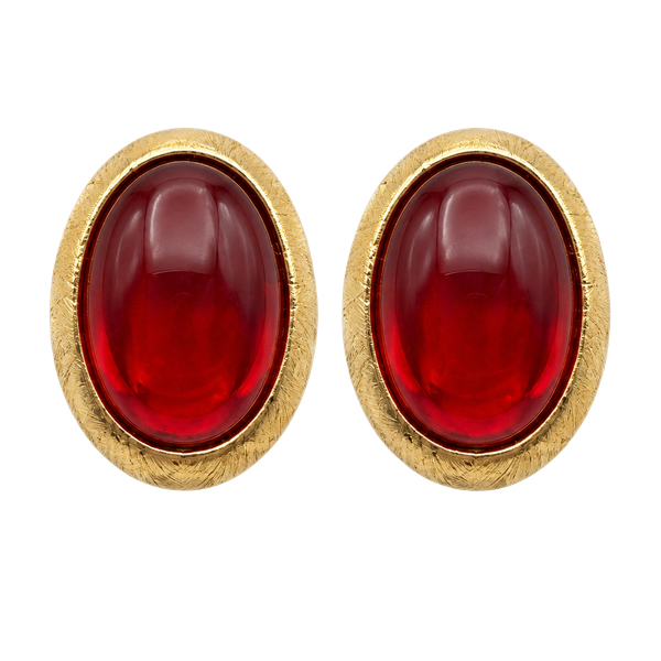 Napier Red Cabochon Gold Tone Vintage Clip-On Earrings