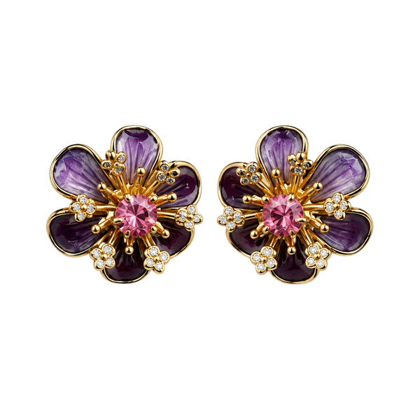 Vintage Purple Enamel And Pink Rhinestone Flower Earrings