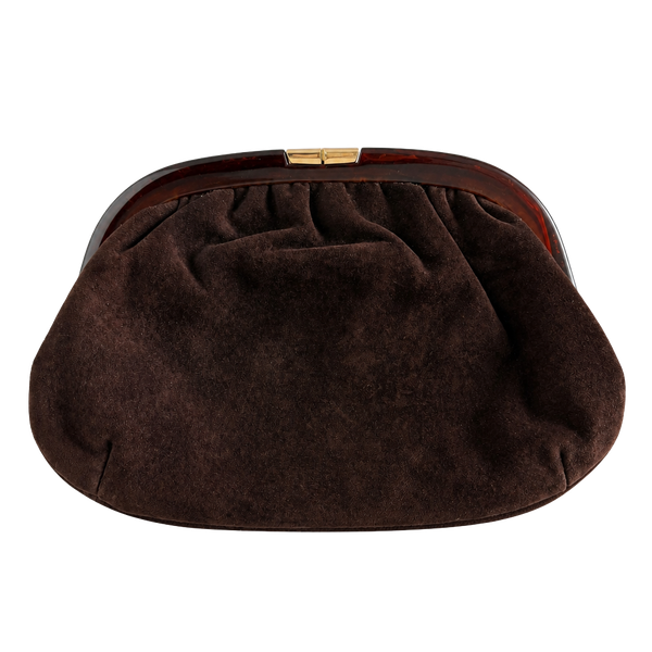 Ruth E Saltz Vintage Brown Suede Clutch Bag Tortoise Shell Lucite Frame
