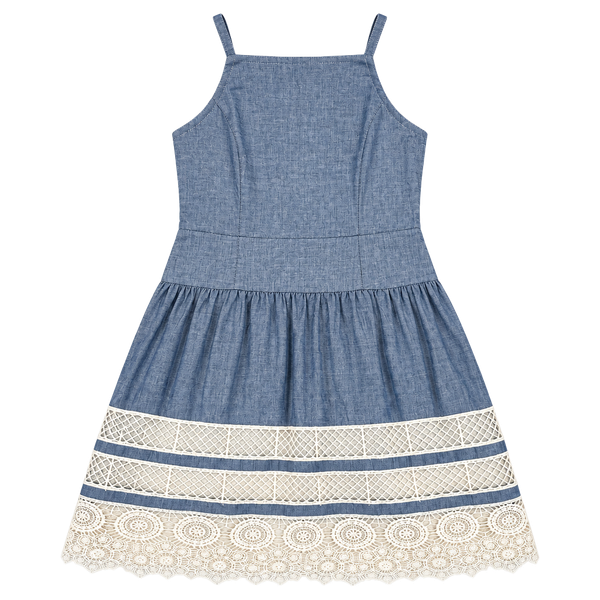 Ann Taylor Tiered Lace Chambray Dress Size 4 Blue Cotton
