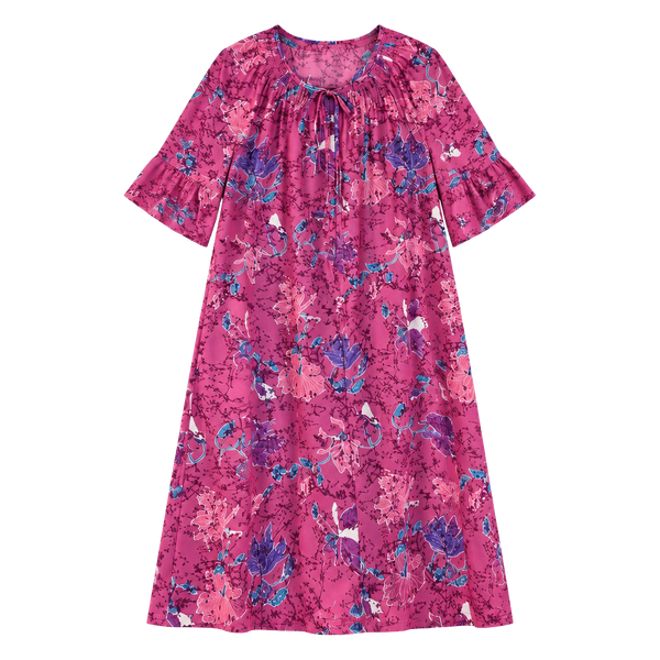 Vintage Sears zip-up housecoat in dark pink with all-over florals