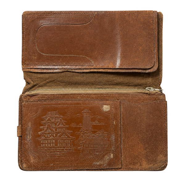 Vintage Tooled Leather Biker Wallet Japanese Castle Scene Brown