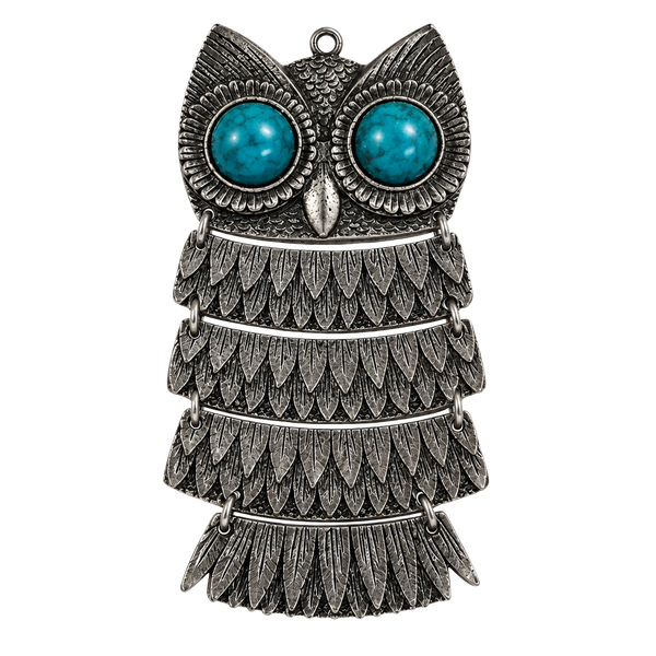 Vintage Large Articulated Owl Pendant Necklace Silver Tone Blue Eyes