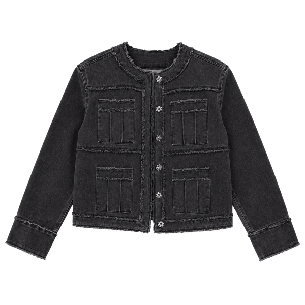 Evereve Denim Jacket Size XS Black Utility Distressed Button Front