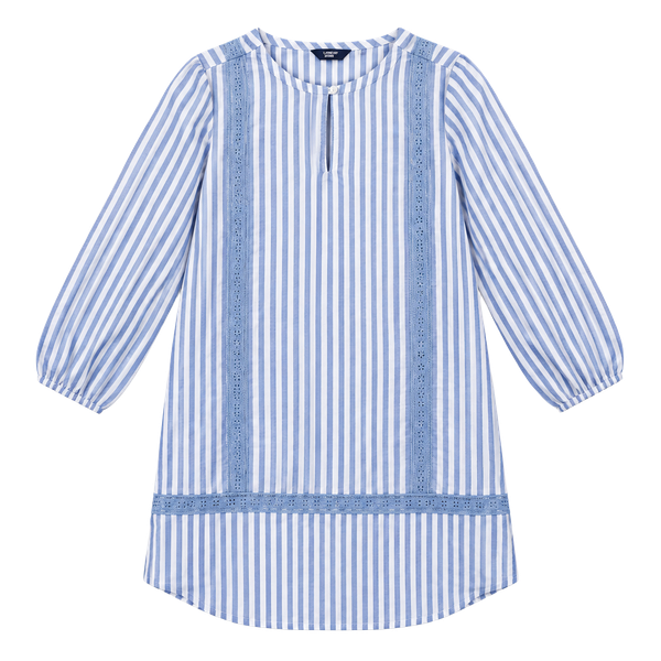 Lands' End Cotton Poplin Split Neck Dress Size M 10-12 Blue White Striped