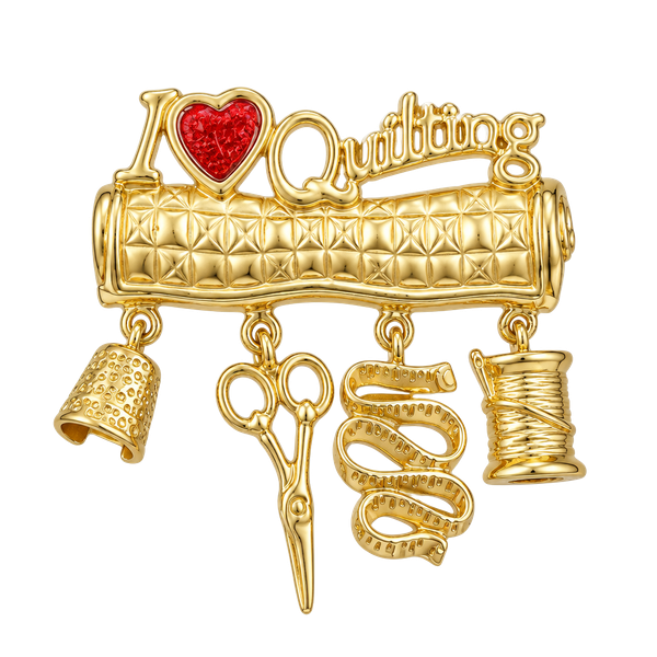 I Love Quilting” 2.25” Wide Dangling Tools Fun Brooch Pin