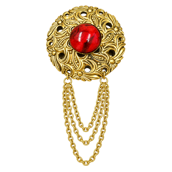 Vintage Brass Filigree Brooch with Red Cabochon and Chain Drape