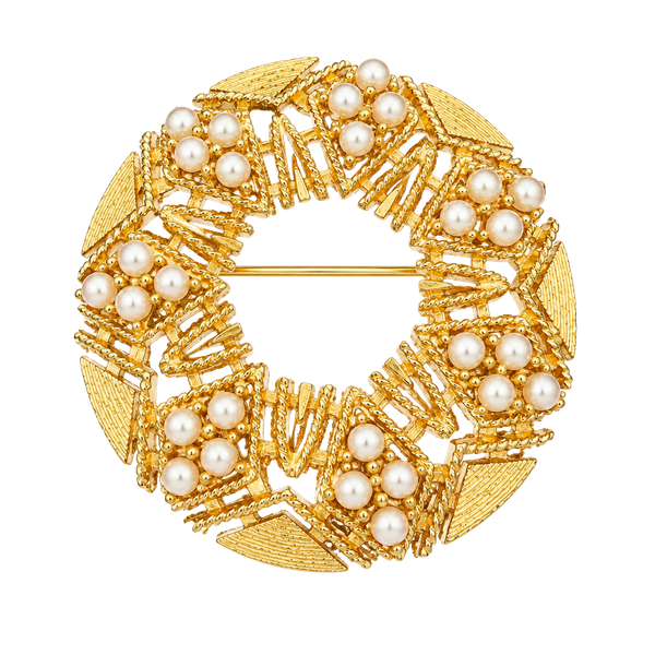 Lisner Vintage Gold Tone Wreath Brooch with Faux Pearls and Ribbon Detail