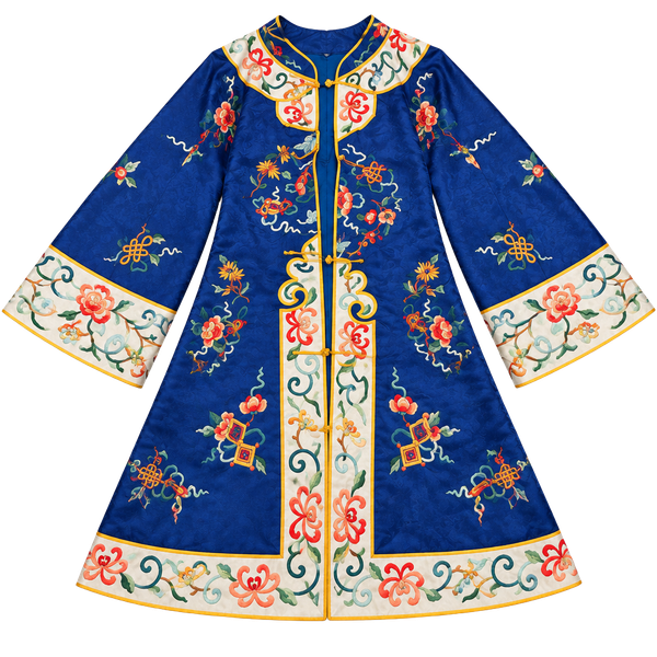 Vintage Royal Blue Silk Embroidered Chinese Robe Small Floral