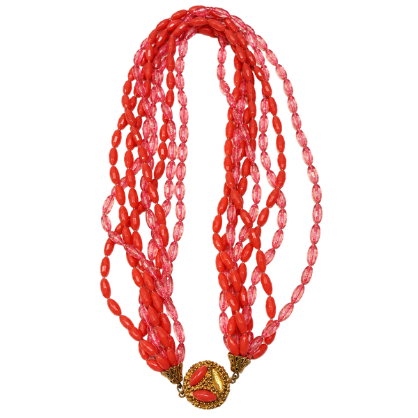 Vintage Multi Strand Pink And Coral Beaded Statement Necklace