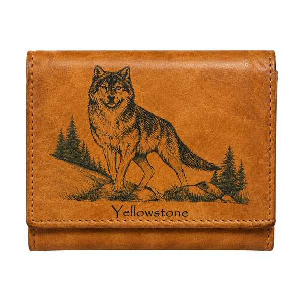 Yellowstone Wolf Leather Trifold Wallet Brown