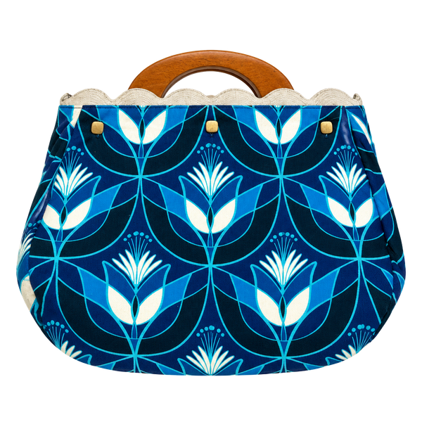 Lesley Evers Bonnie Bermuda Bag Geo Tulip Blue Wood Handle Purse