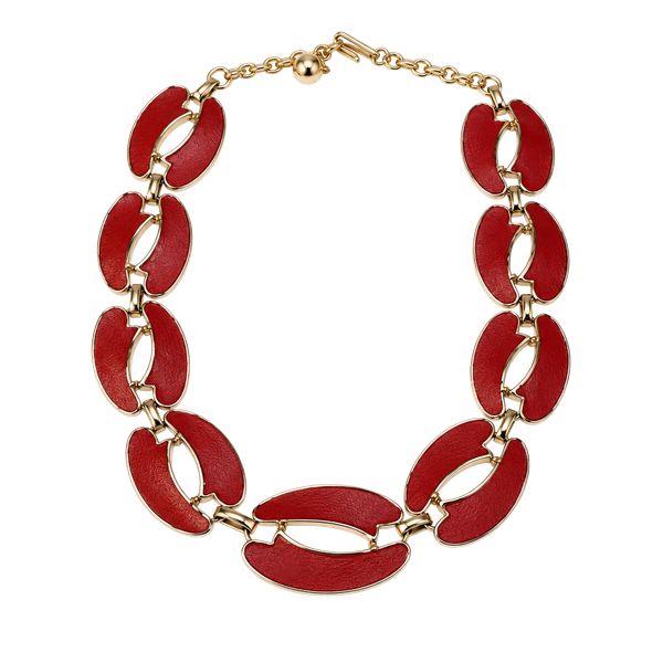 Vintage Gold Tone Red Enamel Link Statement Necklace Choker Jewelry