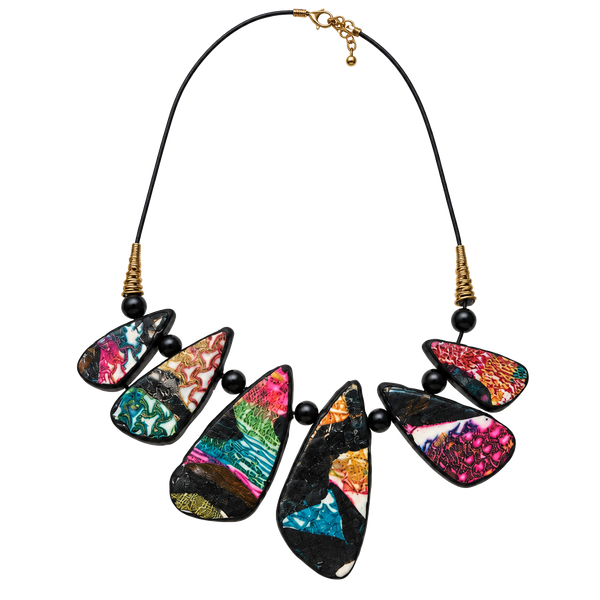 Artisan Polymer Clay Statement Bib Necklace Multicolor Teardrop Pendants