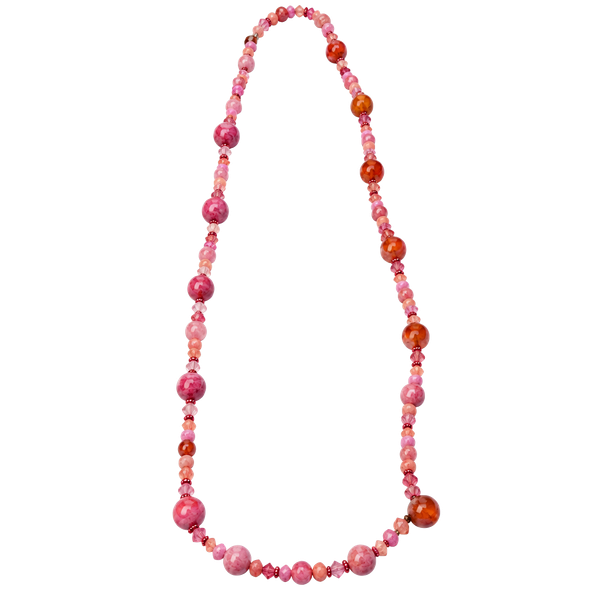 Vintage Pink Marbleized Glass Bead Long Statement Necklace