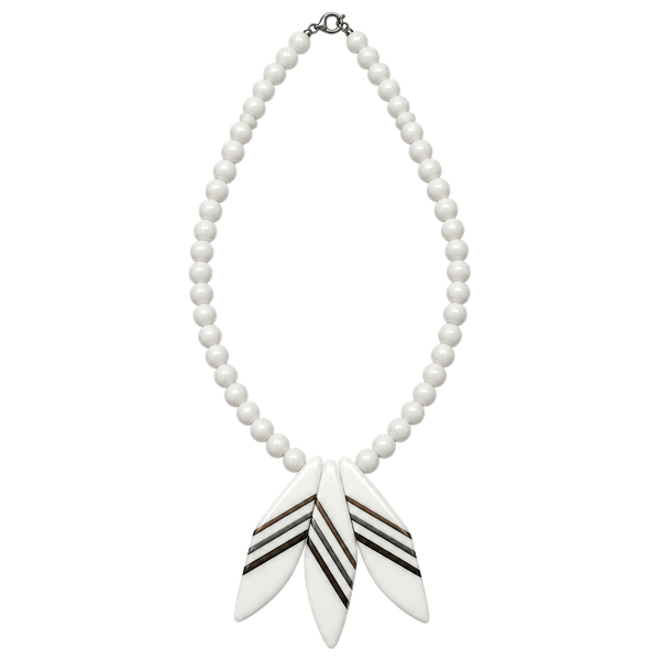 Vintage White Beaded Necklace Triple Leaf Pendant Copper Accents