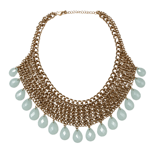 Statement Necklace Gold Tone Multi Strand Chain Glass Tear Drop Bib