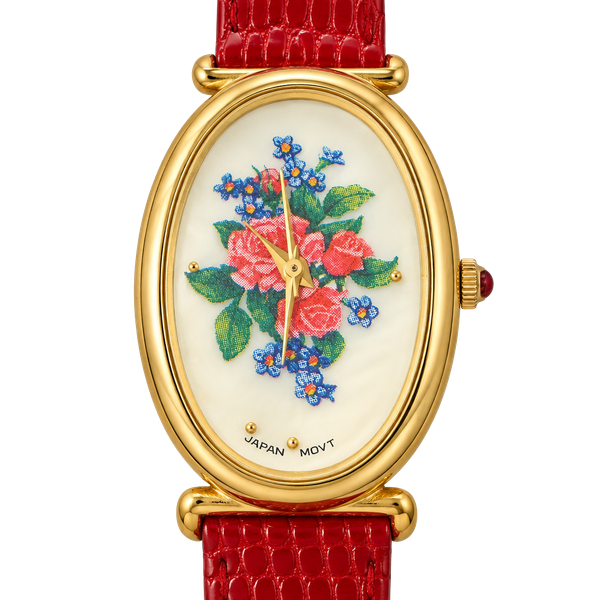 Avon Vintage Floral Dial Watch Red Leather Strap Gold Tone