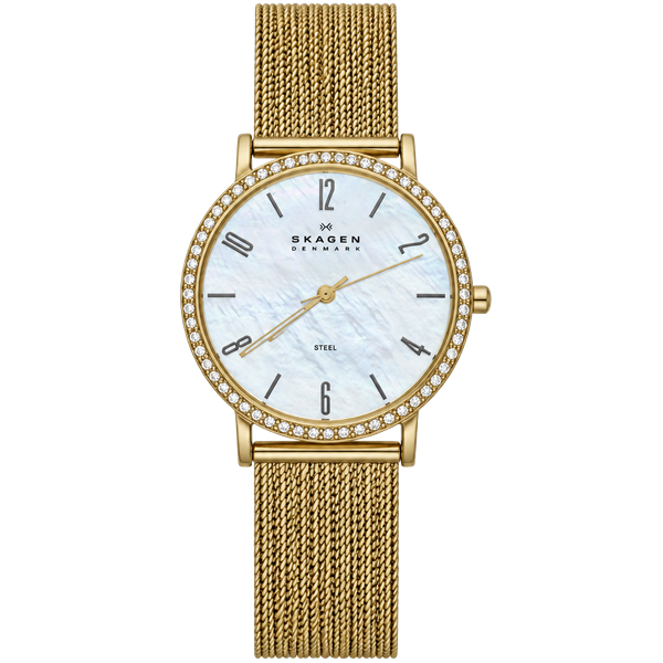 Skagen Denmark 922SGGG Gold Tone Mother Of Pearl Crystal Watch