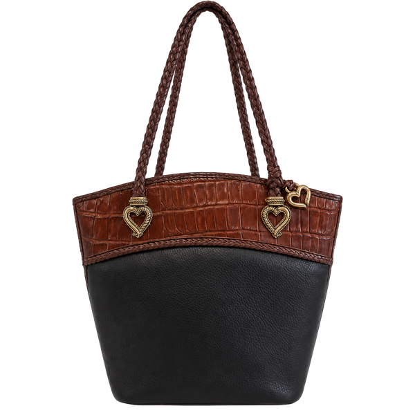 Brighton Leather Shoulder Bag Black Brown Croco Embossed Heart