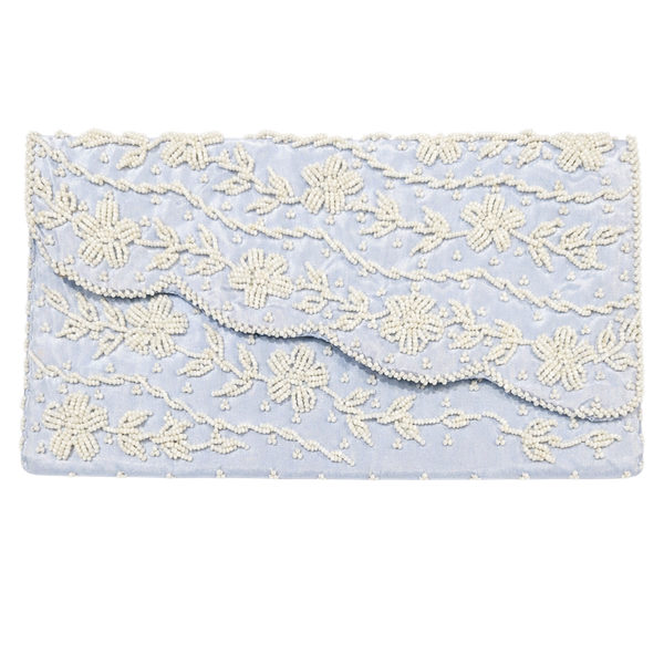 Vintage Hand Made in Hong Kong Light Blue Beaded Floral Evening Clutch Purse