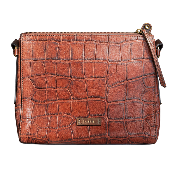 Fossil Croc Embossed Brown Leather Crossbody Bag