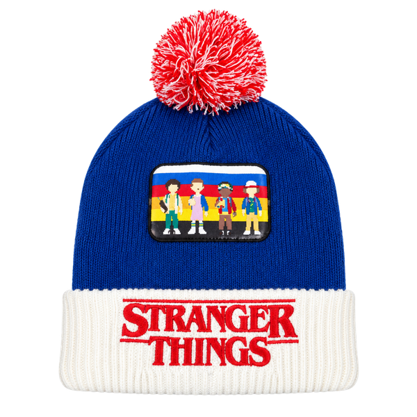 Stranger Things Cuff Beanie OSFM Blue Red White Pom Pom Patch Hat New