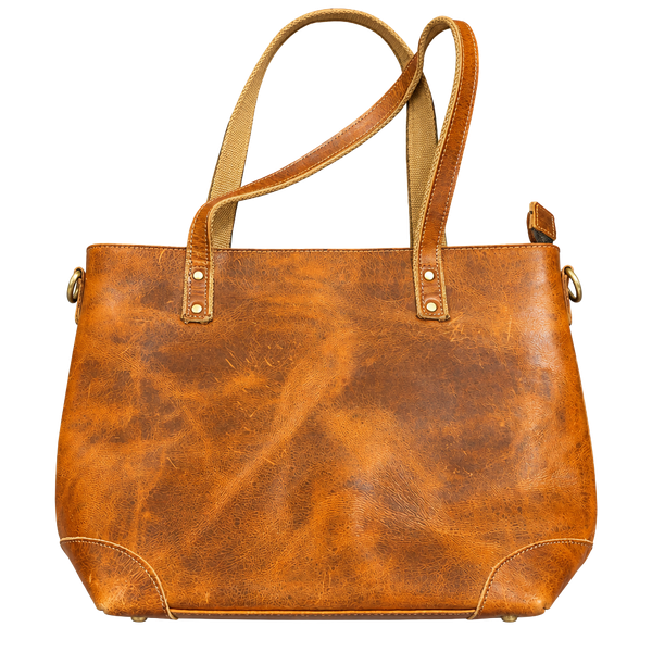 Distressed Brown Leather Tote Bag with Canvas Straps and Zipper Boho