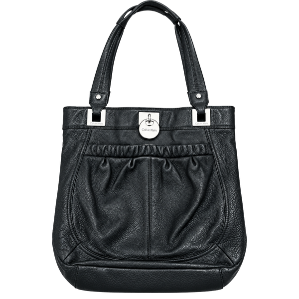 Calvin Klein Black Leather Tote Bag with Silver Hardware