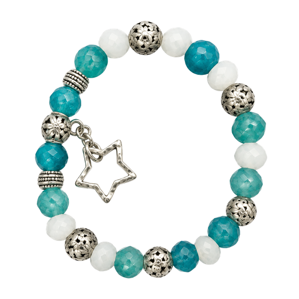 Blue Agate Bead Stretch Bracelet With Star Charm