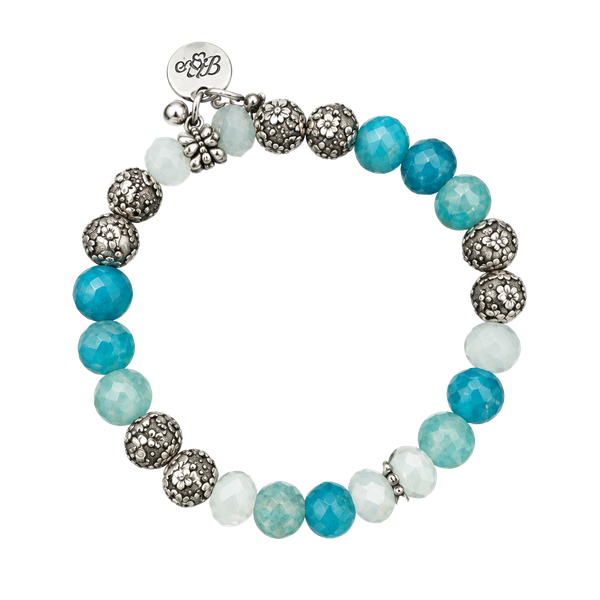 Unbranded Beaded Stretch Bracelet Blue and Silver with Heart Charm