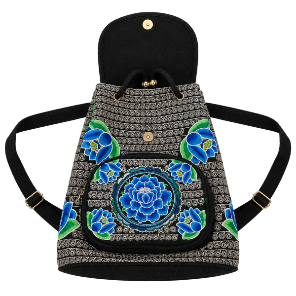 Hmong Embroidered Floral Canvas Backpack Black Blue