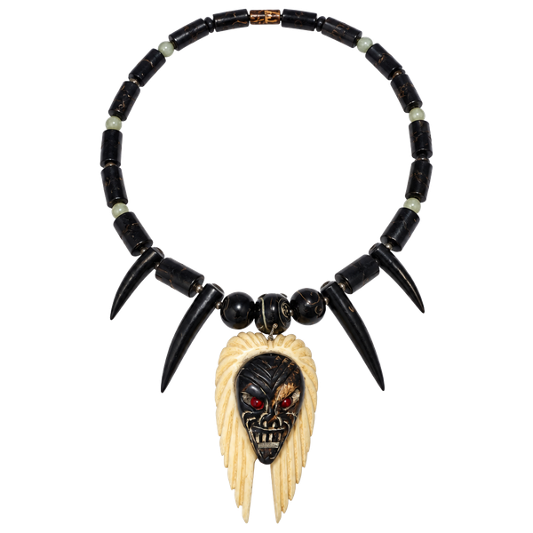 Vintage Tribal Tiki Mask Bone Tooth Bead Black Necklace
