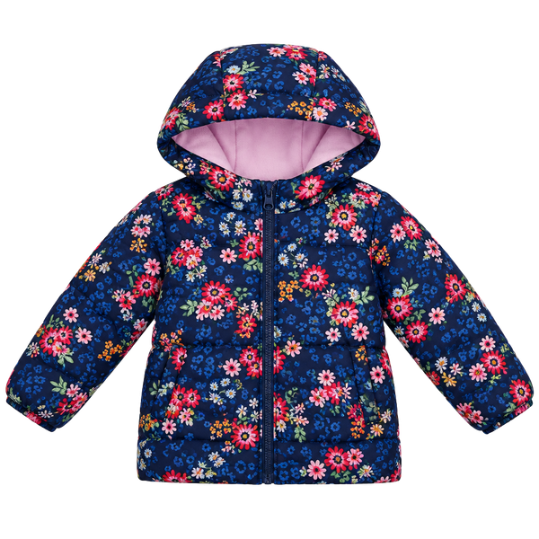 Little Me Puffer Jacket Size 2T Navy Floral Hooded Fleece Lined