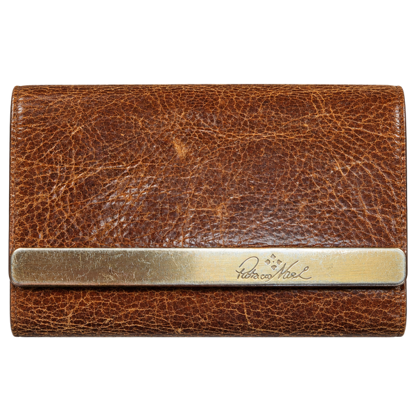 Patricia Nash Distressed Brown Leather Wallet Metal Bar Logo